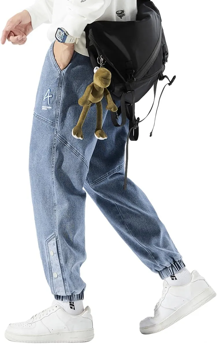 Men's Denim Joggers Jeans Cargo Pants Streetwear Hip Hop Sweatpants with Drawstring Waist