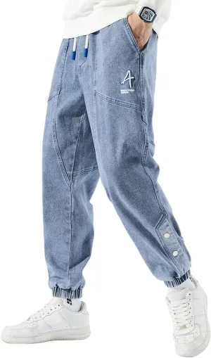 Men's Denim Joggers Jeans Cargo Pants Streetwear Hip Hop Sweatpants with Drawstring Waist