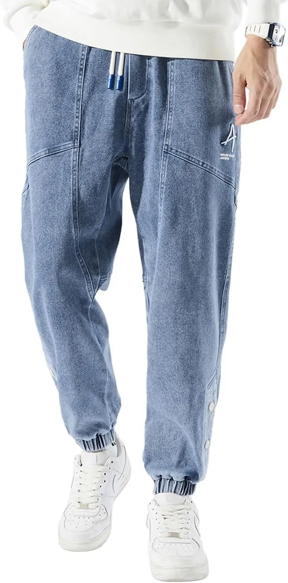 Men's Denim Joggers Jeans Cargo Pants Streetwear Hip Hop Sweatpants with Drawstring Waist