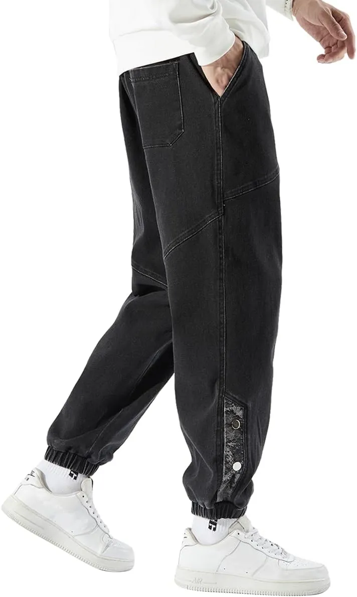 Men's Denim Joggers Jeans Cargo Pants Streetwear Hip Hop Sweatpants with Drawstring Waist