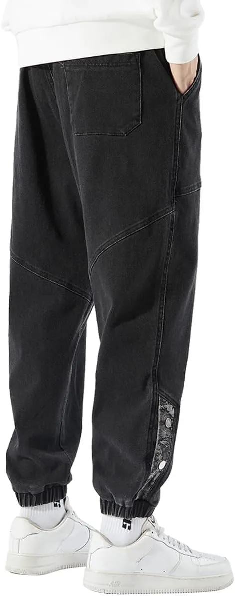 Men's Denim Joggers Jeans Cargo Pants Streetwear Hip Hop Sweatpants with Drawstring Waist