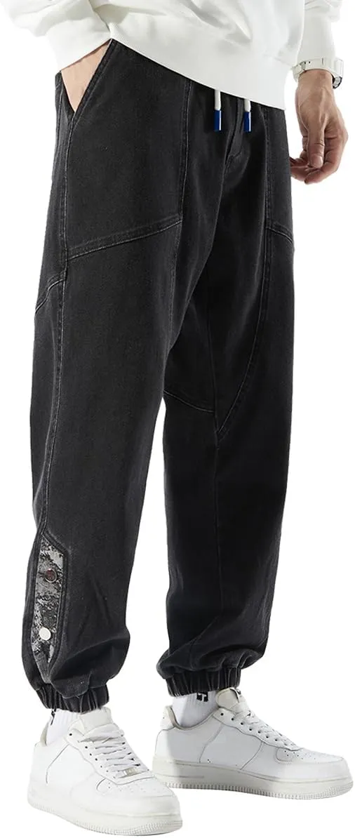 Men's Denim Joggers Jeans Cargo Pants Streetwear Hip Hop Sweatpants with Drawstring Waist