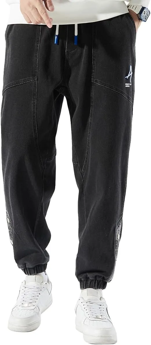 Men's Denim Joggers Jeans Cargo Pants Streetwear Hip Hop Sweatpants with Drawstring Waist
