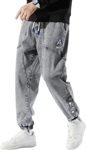 Men's Denim Joggers Jeans Cargo Pants Streetwear Hip Hop Sweatpants with Drawstring Waist