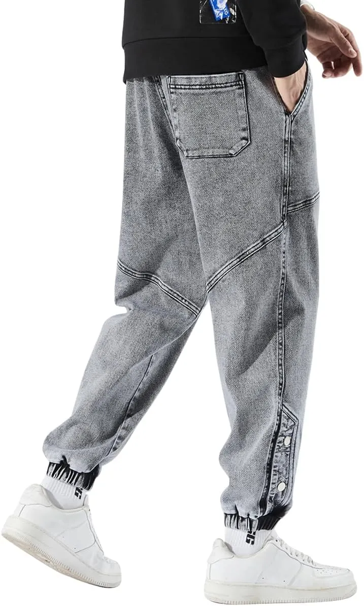 Men's Denim Joggers Jeans Cargo Pants Streetwear Hip Hop Sweatpants with Drawstring Waist