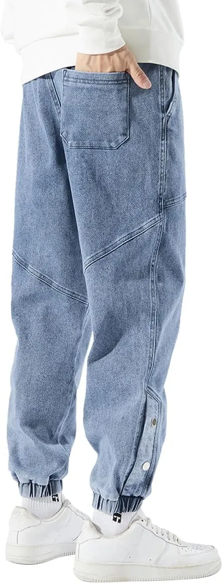 Men's Denim Joggers Jeans Cargo Pants Streetwear Hip Hop Sweatpants with Drawstring Waist