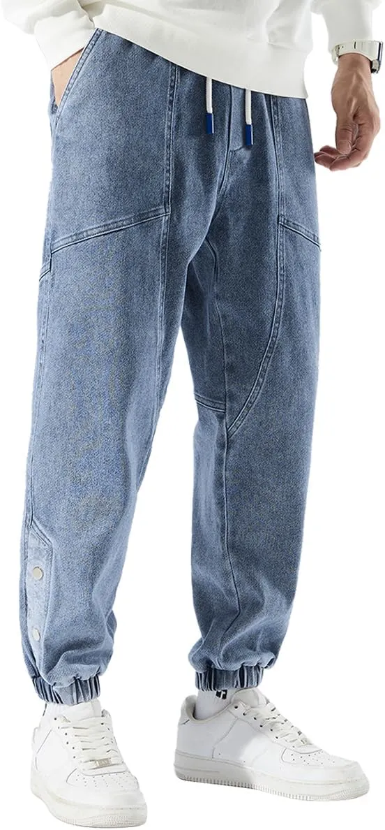 Men's Denim Joggers Jeans Cargo Pants Streetwear Hip Hop Sweatpants with Drawstring Waist