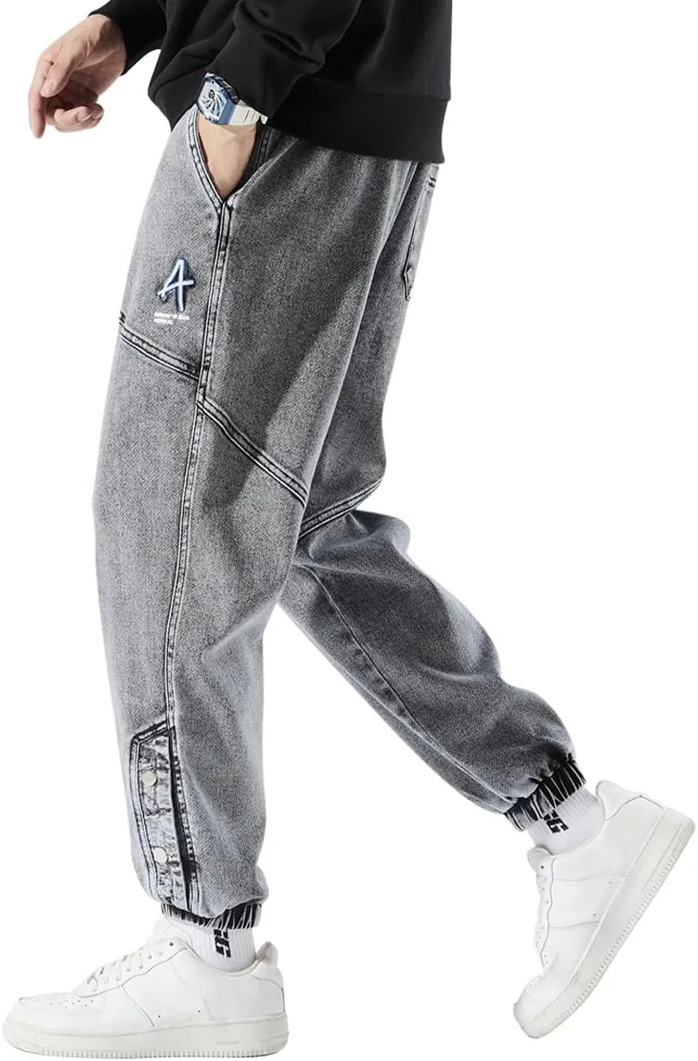 Men's Denim Joggers Jeans Cargo Pants Streetwear Hip Hop Sweatpants with Drawstring Waist
