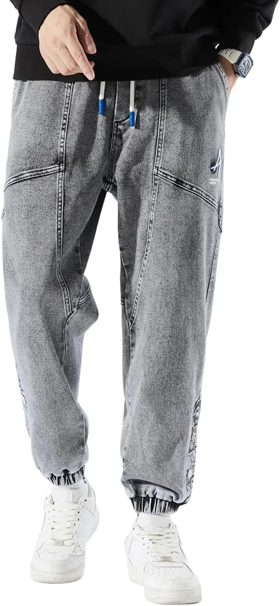 Men's Denim Joggers Jeans Cargo Pants Streetwear Hip Hop Sweatpants with Drawstring Waist