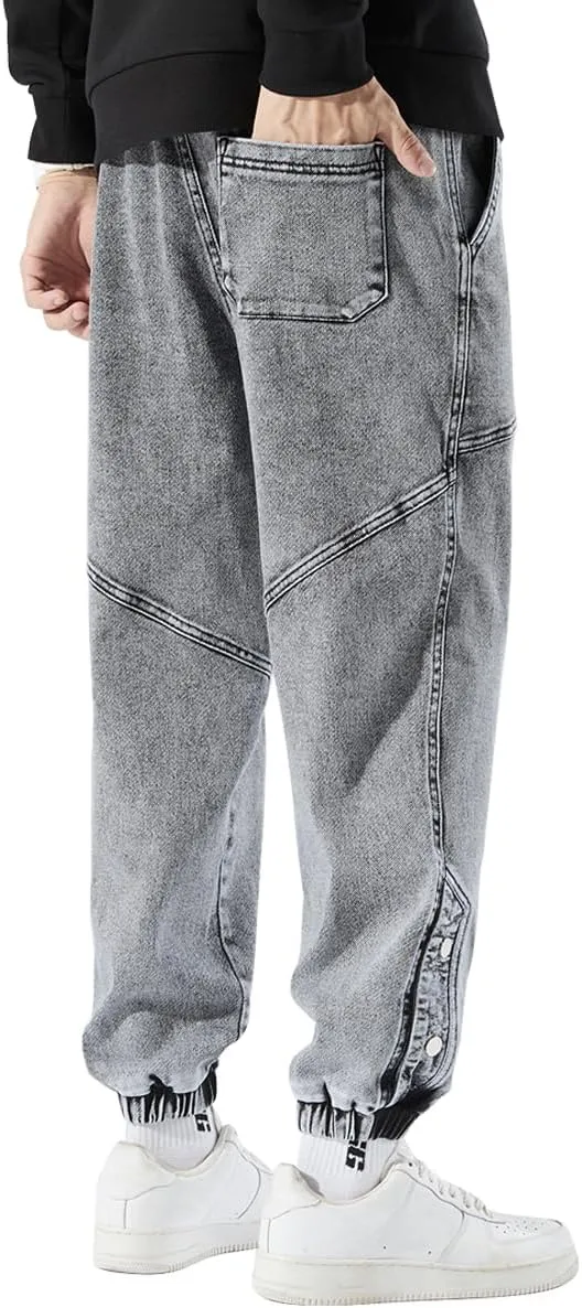 Men's Denim Joggers Jeans Cargo Pants Streetwear Hip Hop Sweatpants with Drawstring Waist