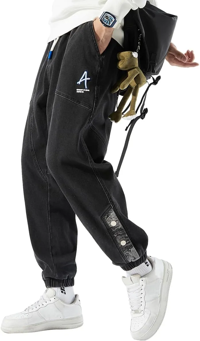 Men's Denim Joggers Jeans Cargo Pants Streetwear Hip Hop Sweatpants with Drawstring Waist