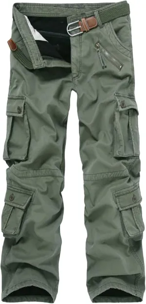 Mens Fleece Lined Cargo Pants Multi-Pocket Outdoor Military Army Cotton Pants Loose Stretch Trousers with No Belt