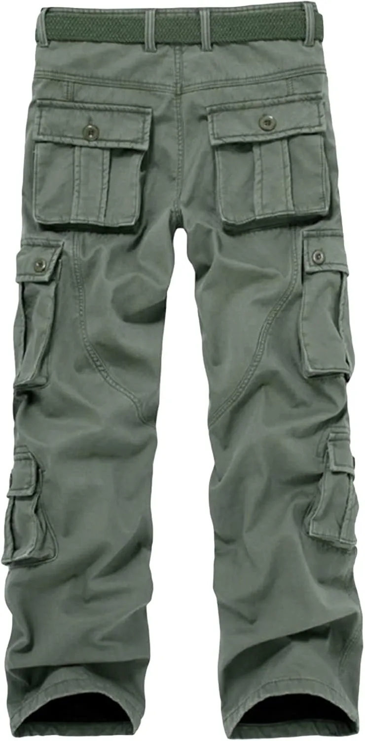 Mens Fleece Lined Cargo Pants Multi-Pocket Outdoor Military Army Cotton Pants Loose Stretch Trousers with No Belt