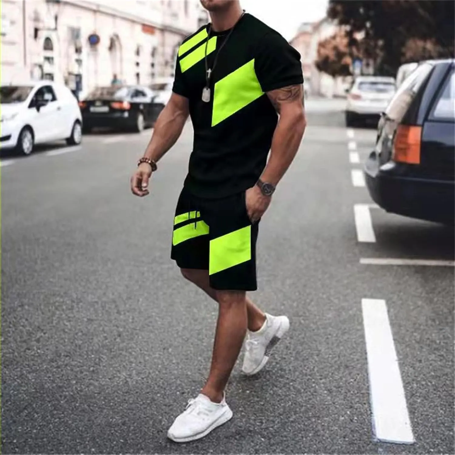 Mens Outfits Summer Lightweight Relaxed Fit Graphic Short Sleeve T-Shirts Printed Shorts Breathable Sport Set