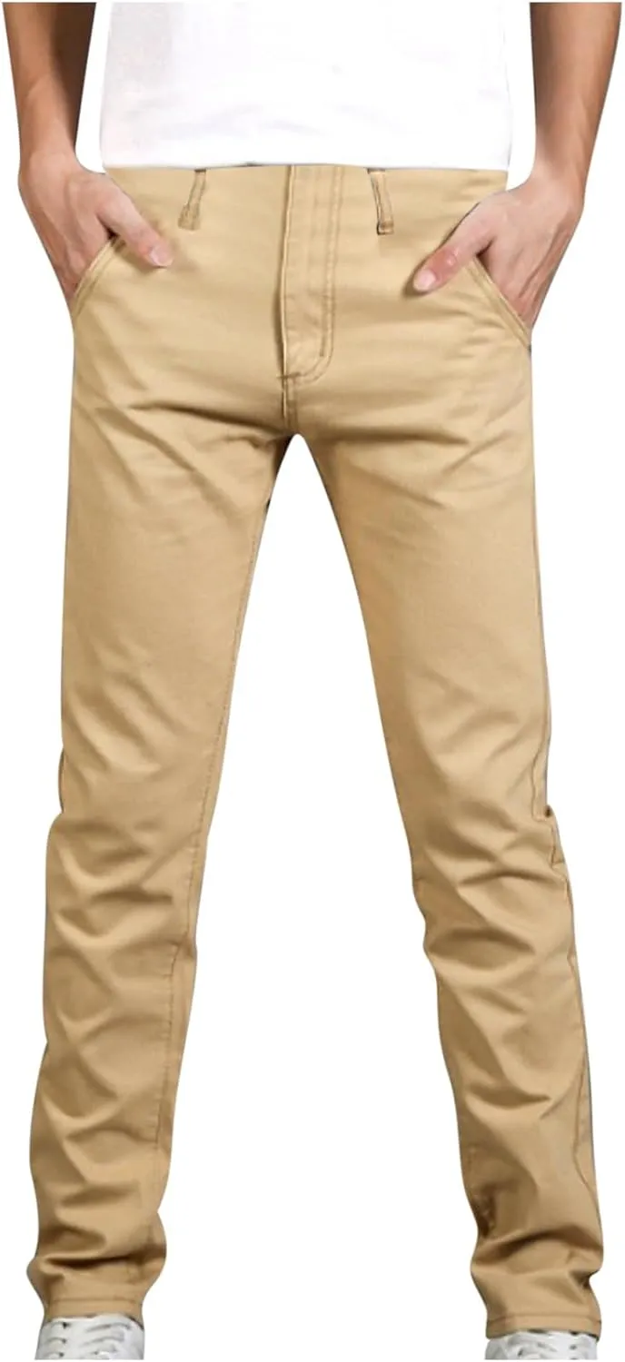Mens Slim Fit Chino Pants, Casual Work Dress Pants, Basic Stretch Slacks Straight Fit Elastic Jeans Lounge Trousers