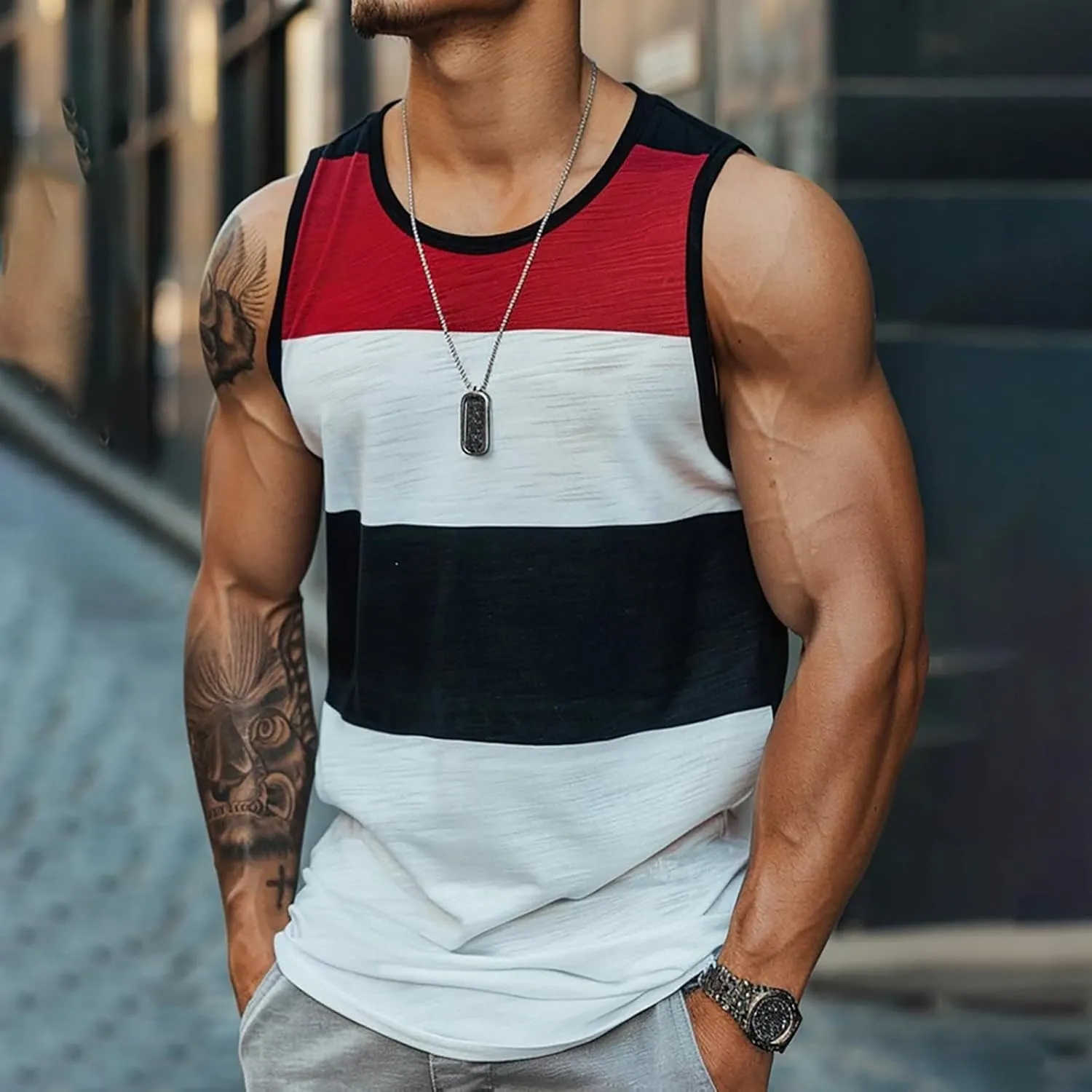 Mens Striped Tank Tops Summer Casual Sleeveless Crewneck Beach T Shirts Colorblock Gym Muscle Fit Workout Shirts