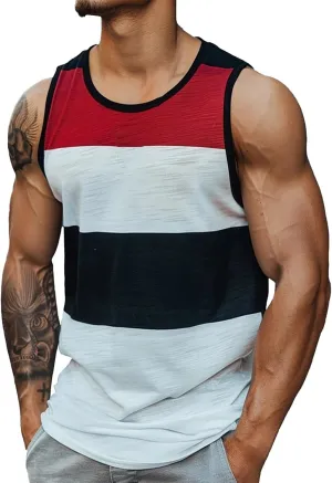 Mens Striped Tank Tops Summer Casual Sleeveless Crewneck Beach T Shirts Colorblock Gym Muscle Fit Workout Shirts