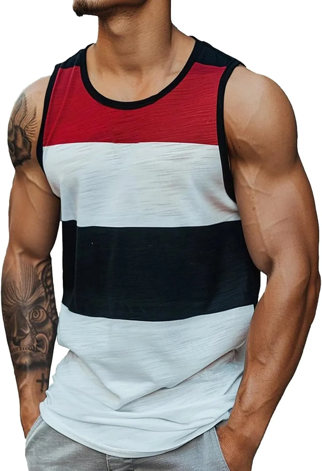 Mens Striped Tank Tops Summer Casual Sleeveless Crewneck Beach T Shirts Colorblock Gym Muscle Fit Workout Shirts