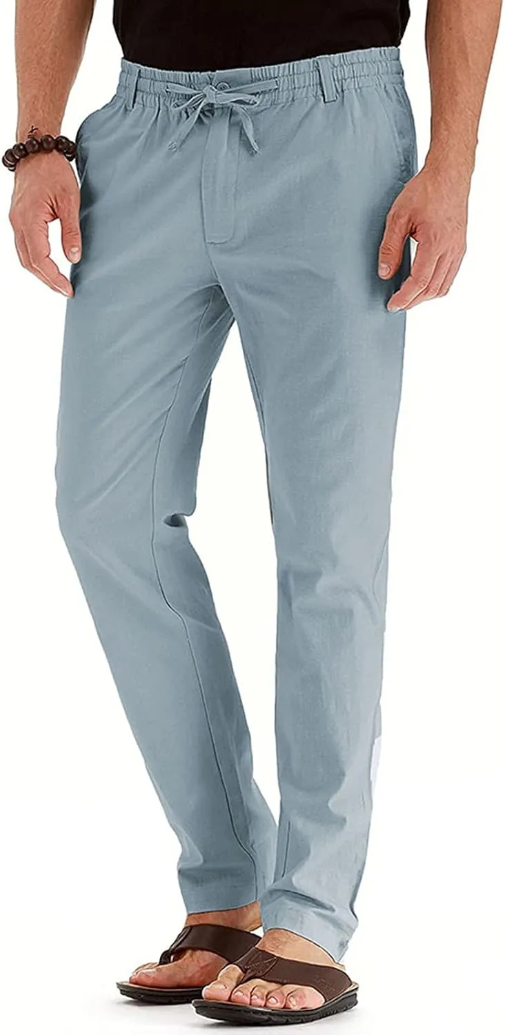 Mens Wild Cotton Pants, Classic Regular Fit Business Casual Work Pants, Elastic Drawstring Waist Twill Pants for Men