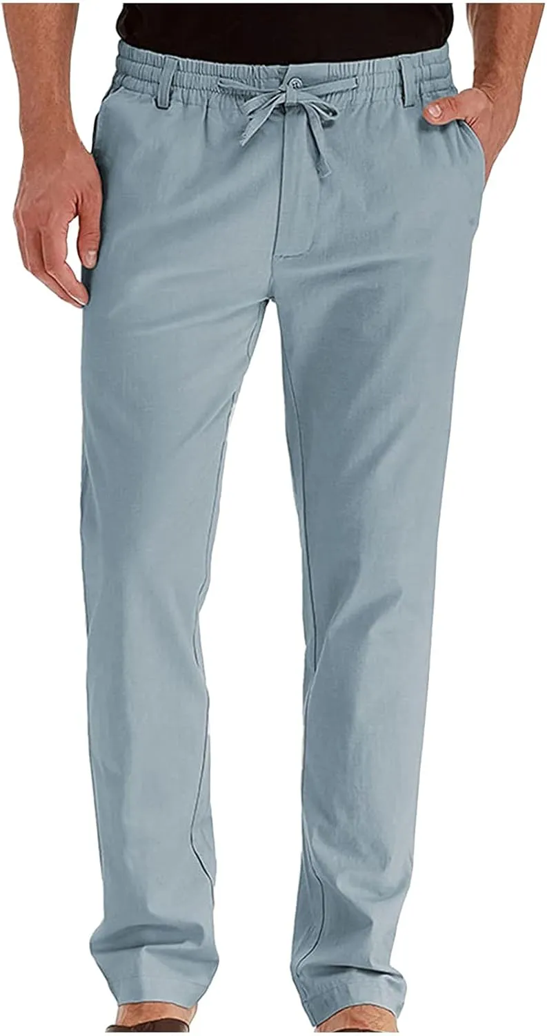 Mens Wild Cotton Pants, Classic Regular Fit Business Casual Work Pants, Elastic Drawstring Waist Twill Pants for Men
