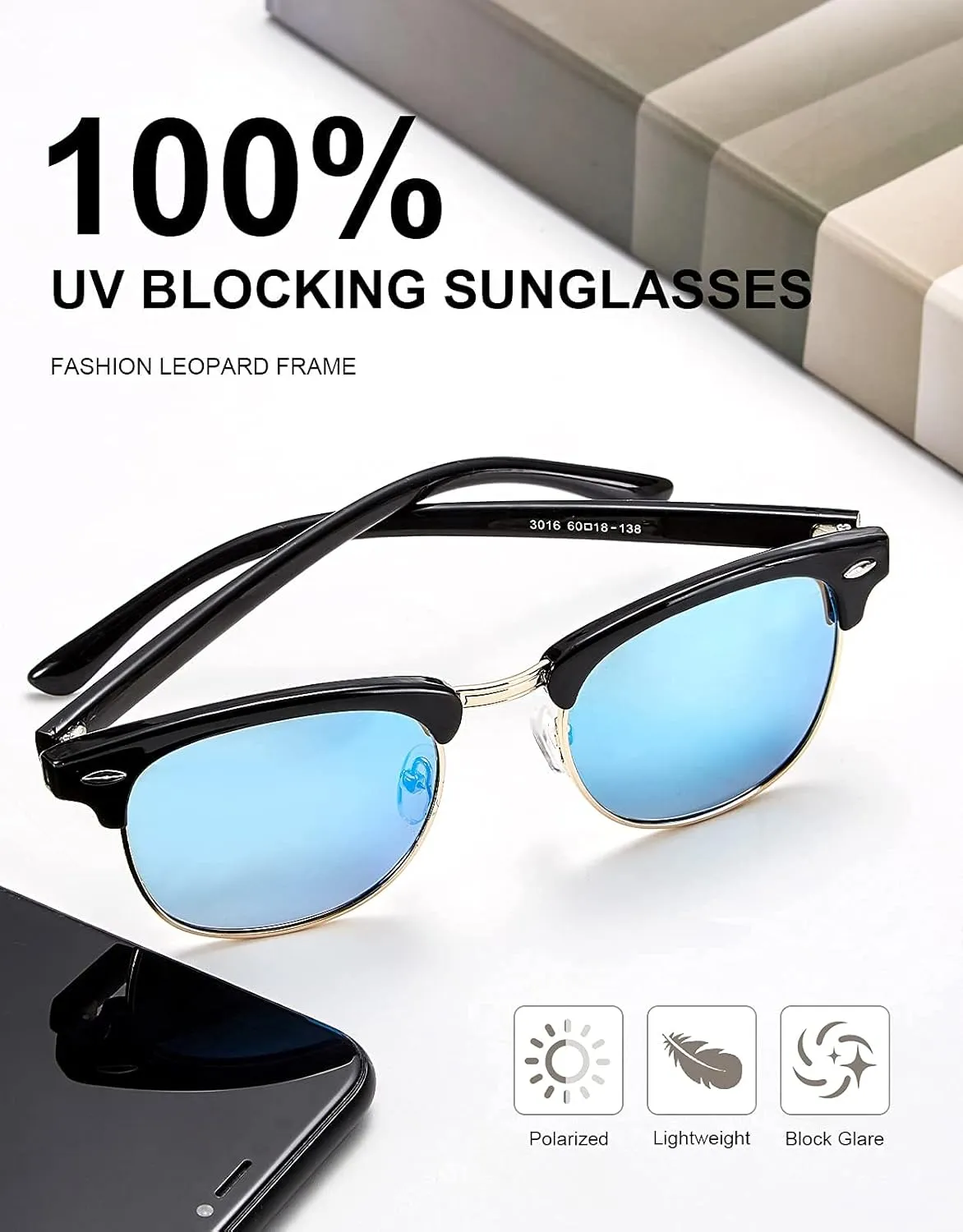 OKH Polarized Sunglasses for Women and Men Semi Rimless Frame 100% UV Protection Retro Driving Sun Glasses