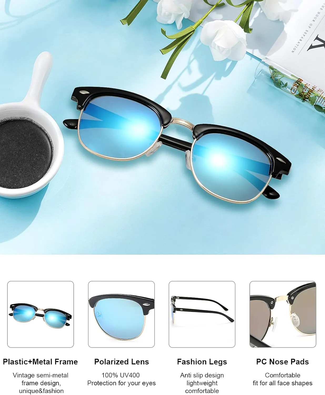 OKH Polarized Sunglasses for Women and Men Semi Rimless Frame 100% UV Protection Retro Driving Sun Glasses