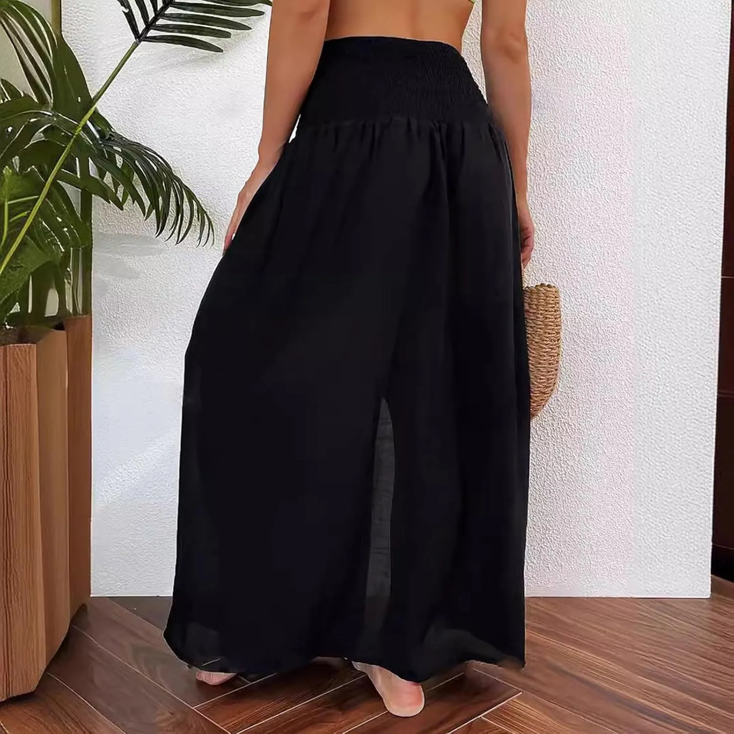 Oplxuo Womens Summer Maxi Skirt with High Slit Sexy See-Through Smocked Elastic Waist Beach Cover Up Long Skirts