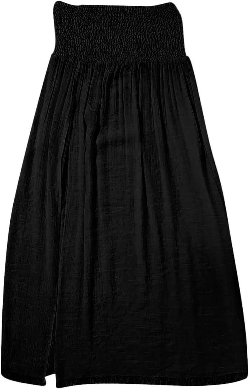 Oplxuo Womens Summer Maxi Skirt with High Slit Sexy See-Through Smocked Elastic Waist Beach Cover Up Long Skirts