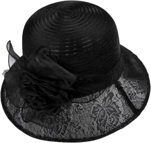 Organza Derby Church Hats for Women Elegant Fascinators Hats Cocktail Tea Party Summer Sun Hat Flowers Wide Brim Hat