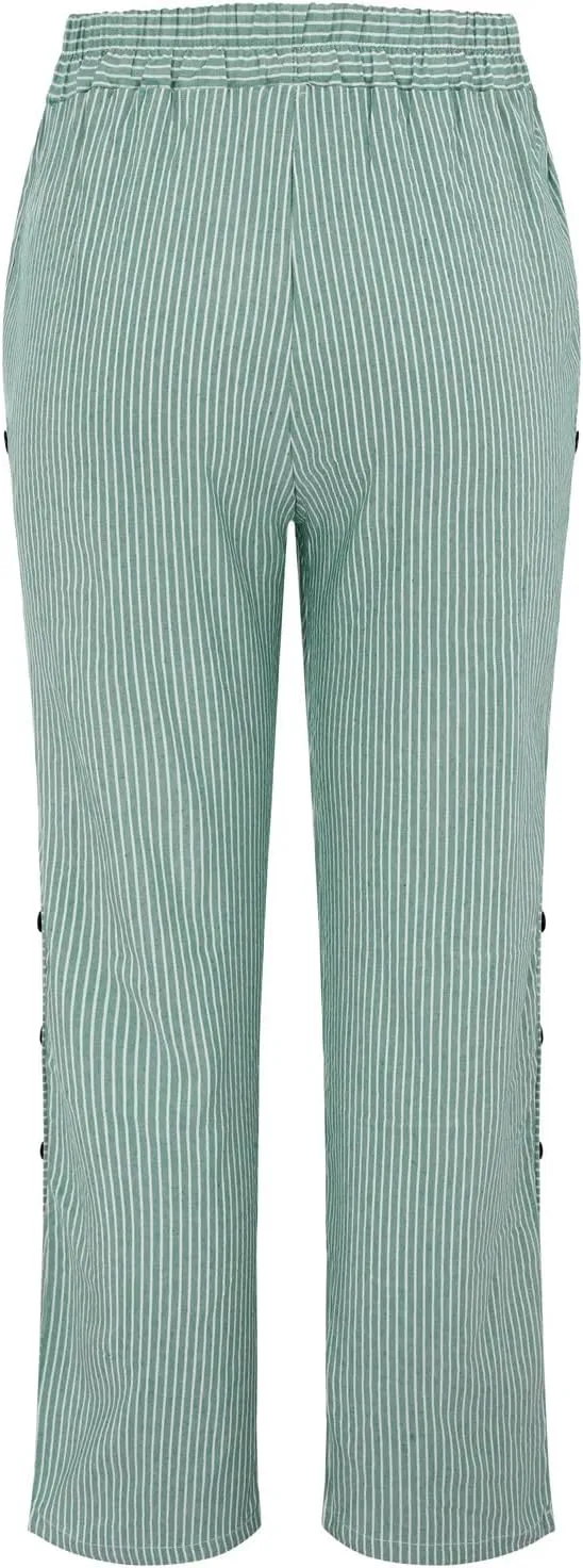 Pants for Women Olzeep Classy Striped Side Pocket Pants Women's Stripe Button Casual Loose Cotton Linen Pants