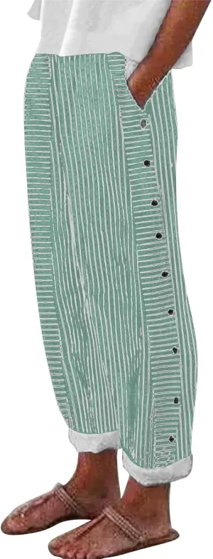 Pants for Women Olzeep Classy Striped Side Pocket Pants Women's Stripe Button Casual Loose Cotton Linen Pants