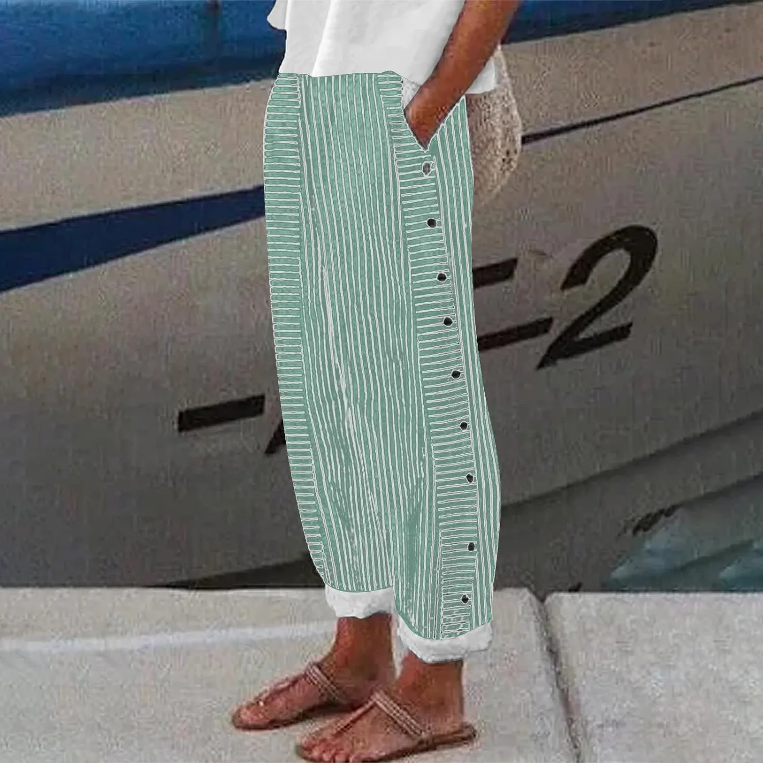 Pants for Women Olzeep Classy Striped Side Pocket Pants Women's Stripe Button Casual Loose Cotton Linen Pants
