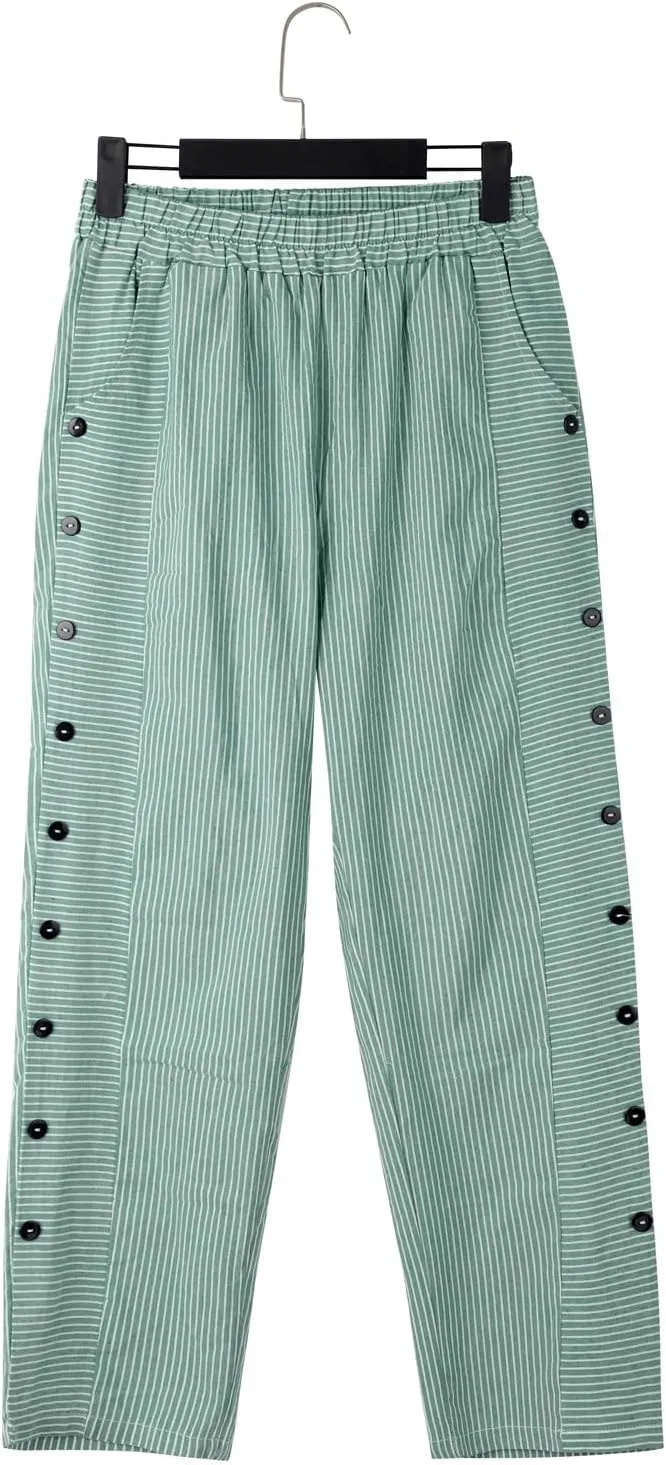 Pants for Women Olzeep Classy Striped Side Pocket Pants Women's Stripe Button Casual Loose Cotton Linen Pants
