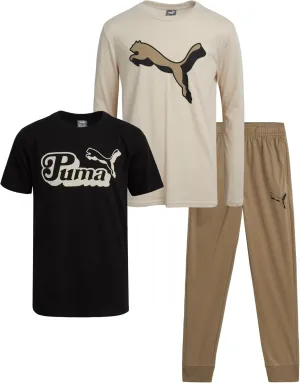 PUMA Boys' 3 Piece Tricot Jogger Pants and T-Shirt Set - Boys Activewear Set (4-16)