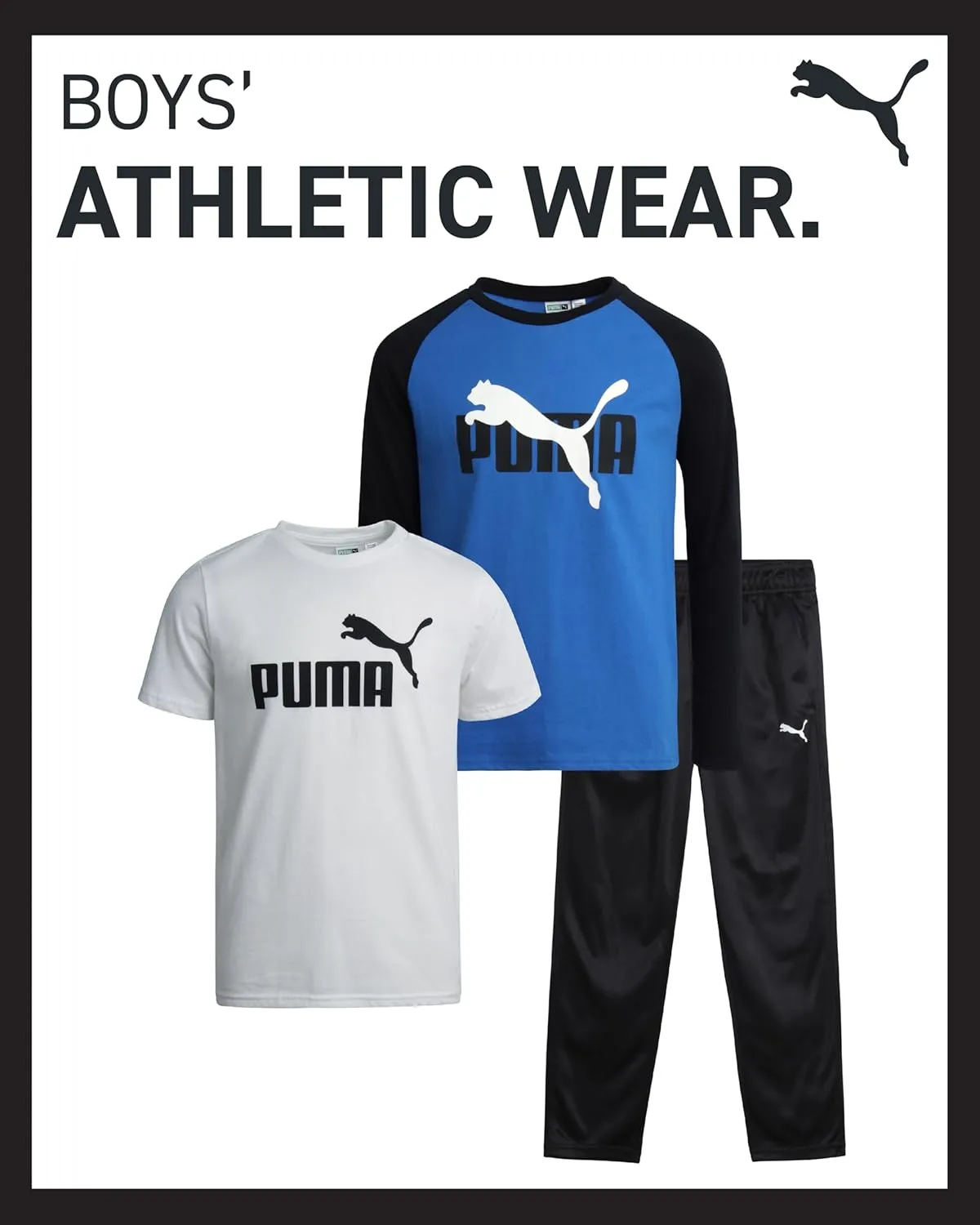 PUMA Boys' Pants Set - 3 Piece Tricot Jogger Pants and T-Shirt Set - Boys Activewear Set (4-16)