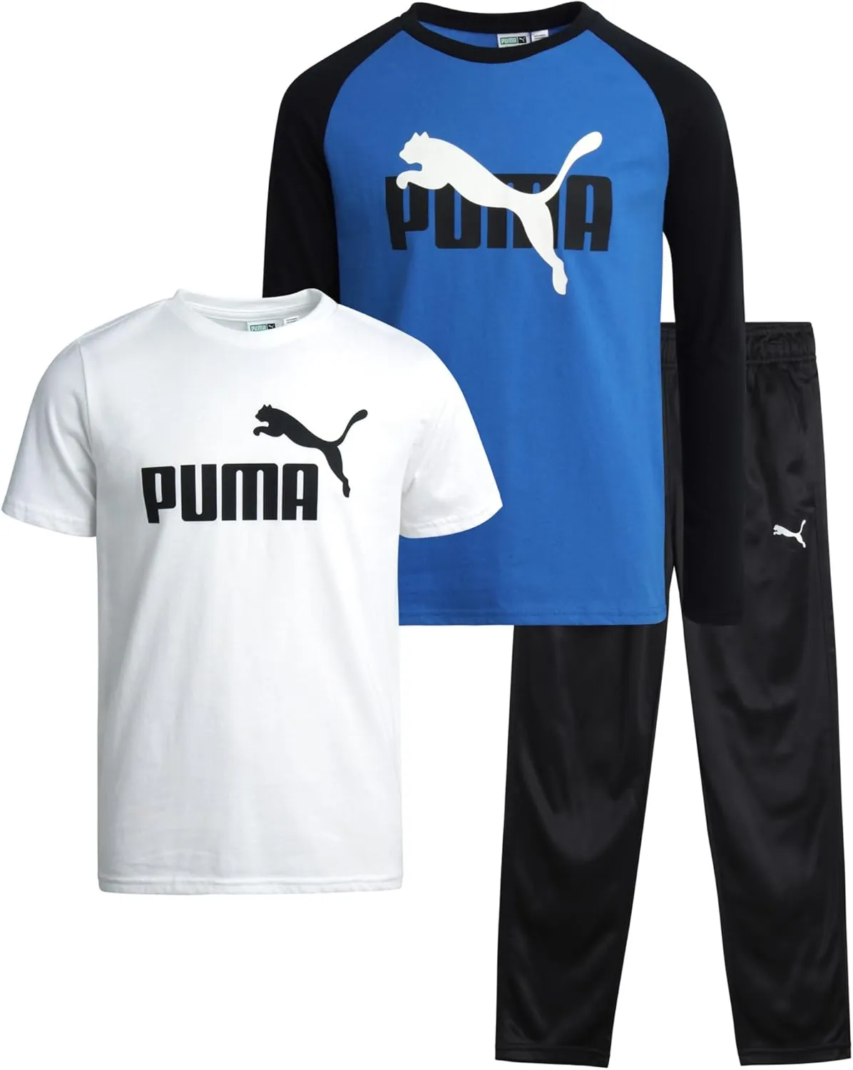 PUMA Boys' Pants Set - 3 Piece Tricot Jogger Pants and T-Shirt Set - Boys Activewear Set (4-16)