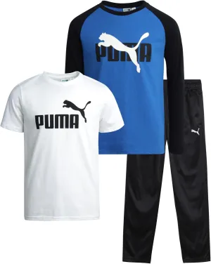PUMA Boys' Pants Set - 3 Piece Tricot Jogger Pants and T-Shirt Set - Boys Activewear Set (4-16)