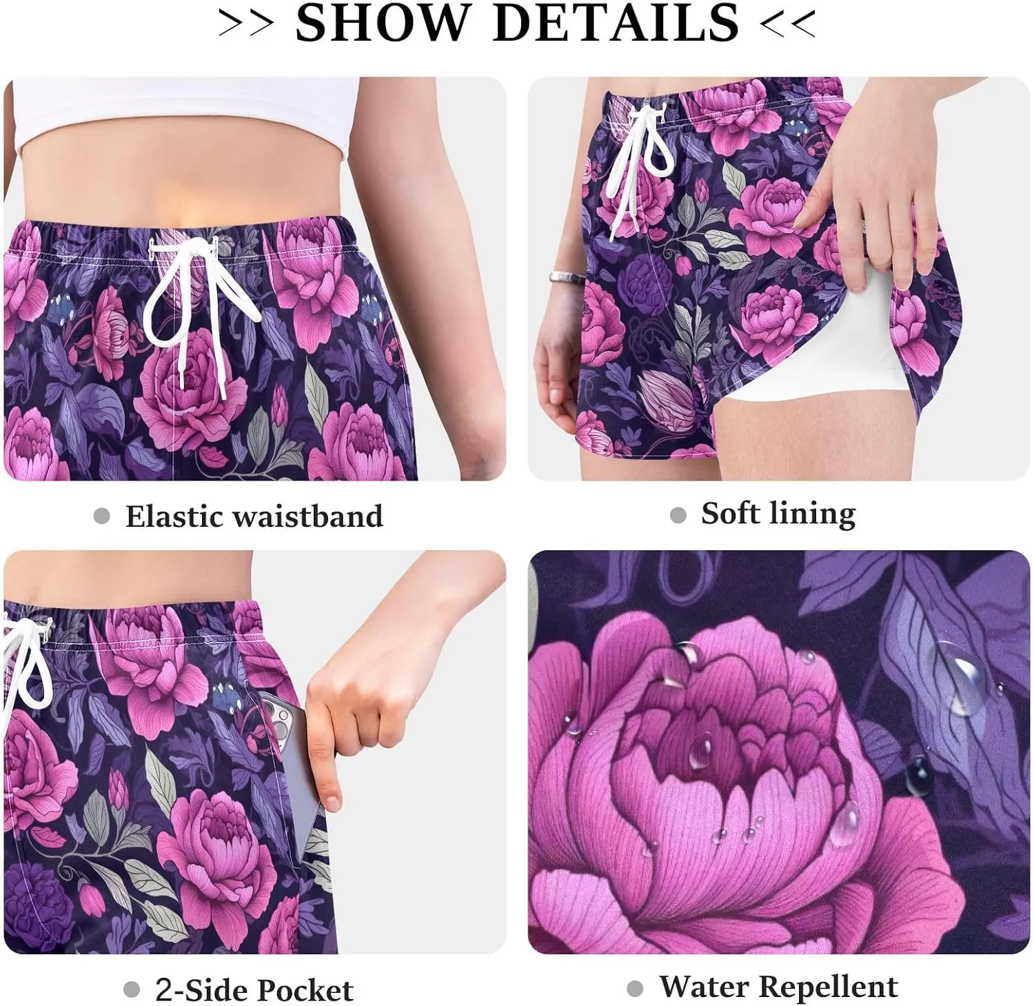 Purple Floral Flowers Women's Athletic Shorts Quick Dry Board Shorts Summer Shorts