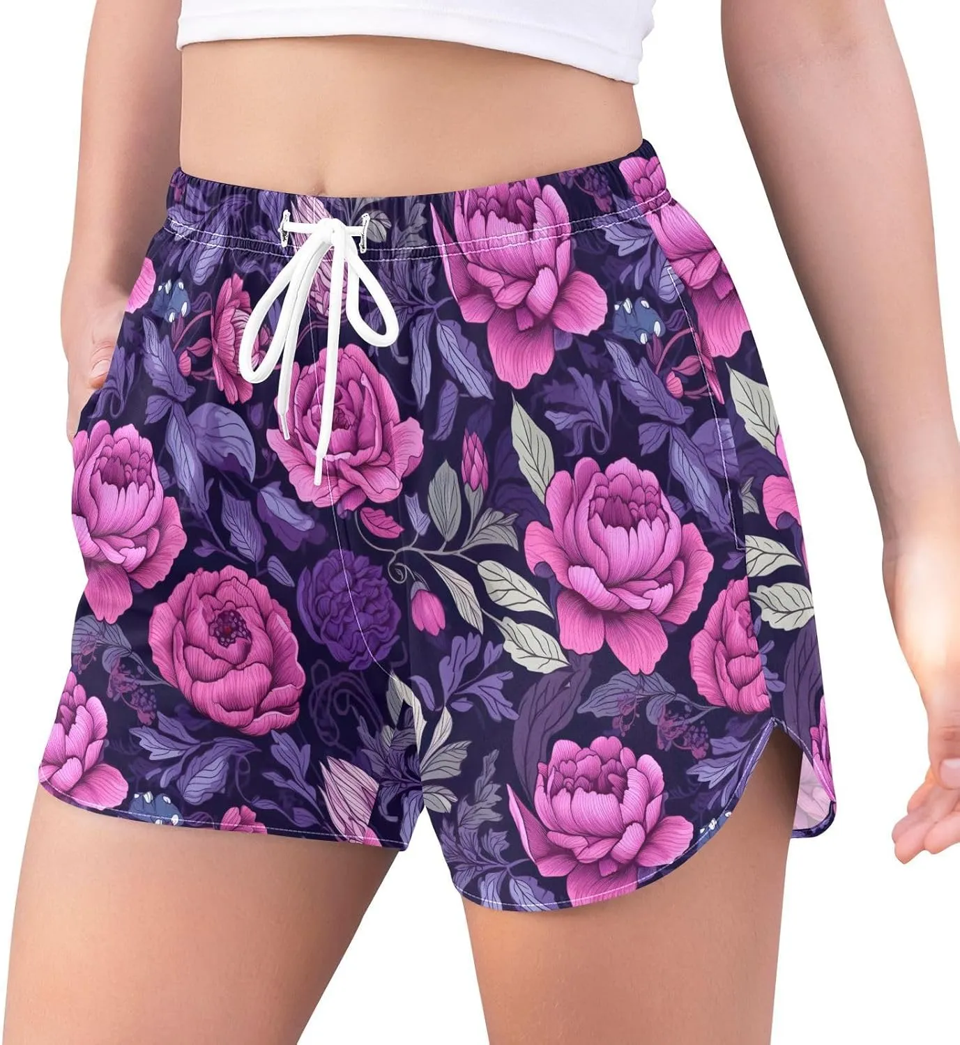 Purple Floral Flowers Women's Athletic Shorts Quick Dry Board Shorts Summer Shorts