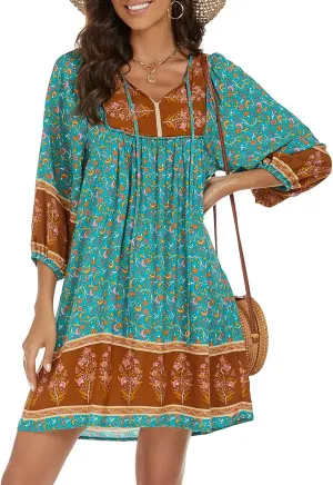 Qearal Womens Casual V Neck 3/4 Sleeve Boho Floral Printed Loose Short Mini Summer Beach Dress