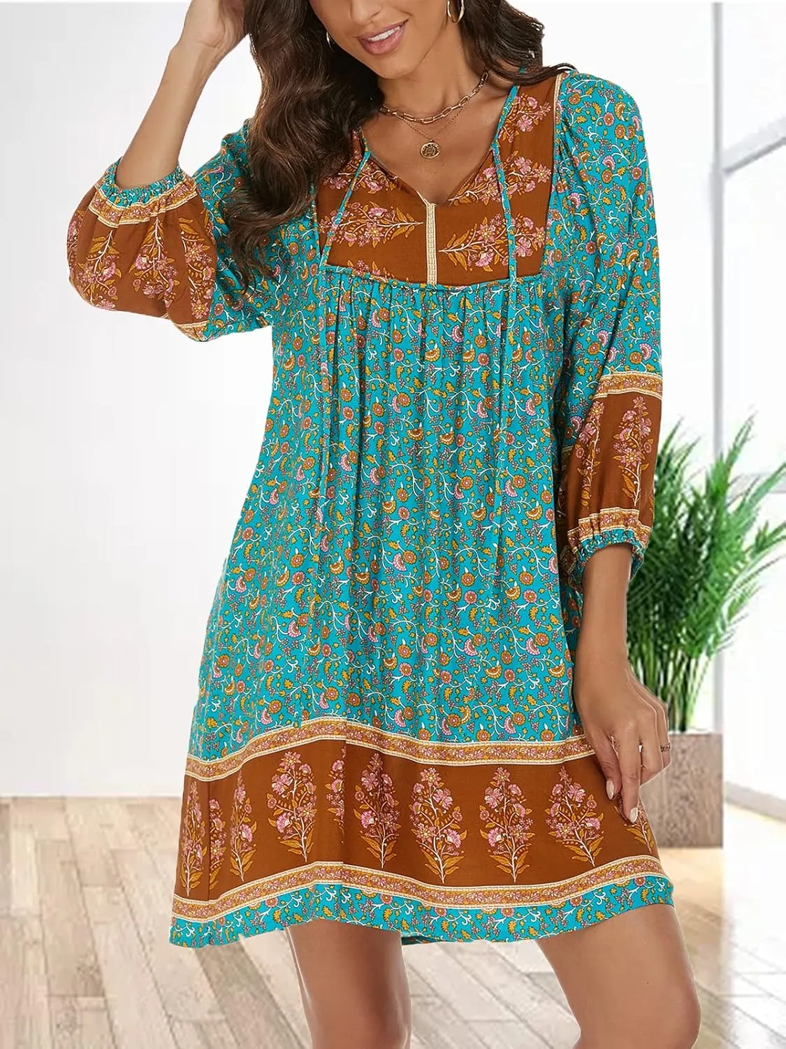 Qearal Womens Casual V Neck 3/4 Sleeve Boho Floral Printed Loose Short Mini Summer Beach Dress