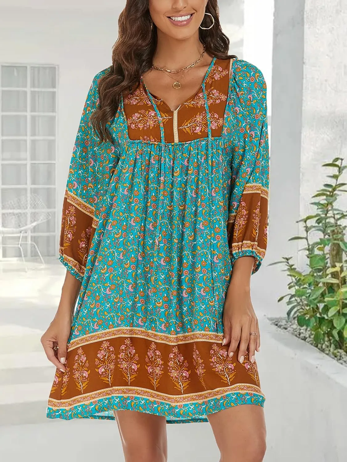 Qearal Womens Casual V Neck 3/4 Sleeve Boho Floral Printed Loose Short Mini Summer Beach Dress