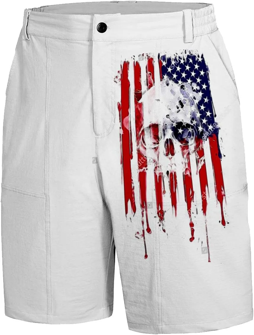 Relaxed Fit Cargo Shorts for Men Casual Outdoor Multi-Pocket Skull Print Shorts Twill Lightweight Short Pants