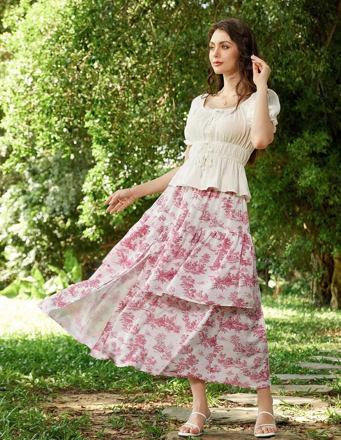 Scarlet Darkness Long Skirts for Women Floral Tiered Slit Flowy Skirt with Pockets