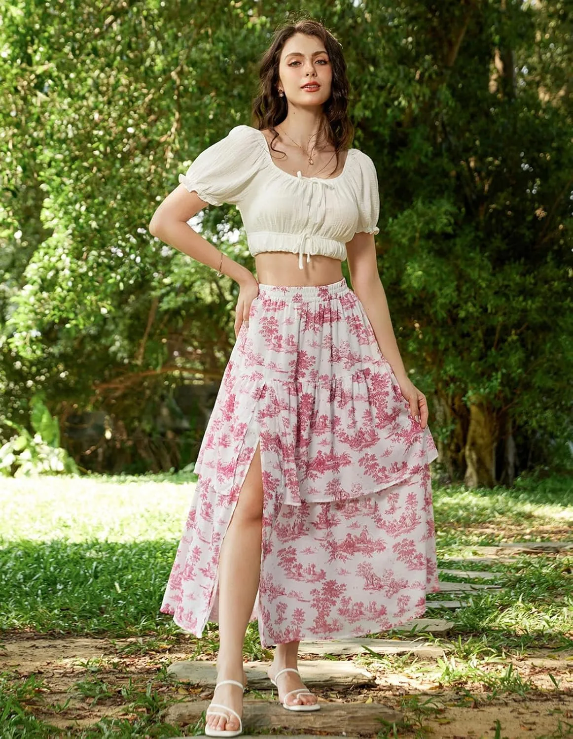 Scarlet Darkness Long Skirts for Women Floral Tiered Slit Flowy Skirt with Pockets