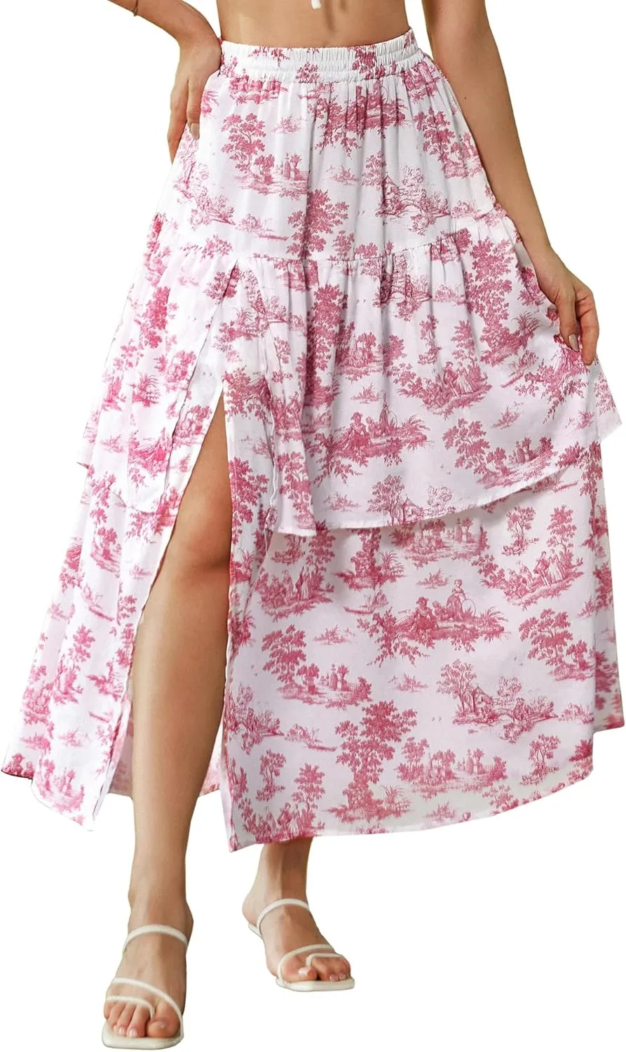 Scarlet Darkness Long Skirts for Women Floral Tiered Slit Flowy Skirt with Pockets