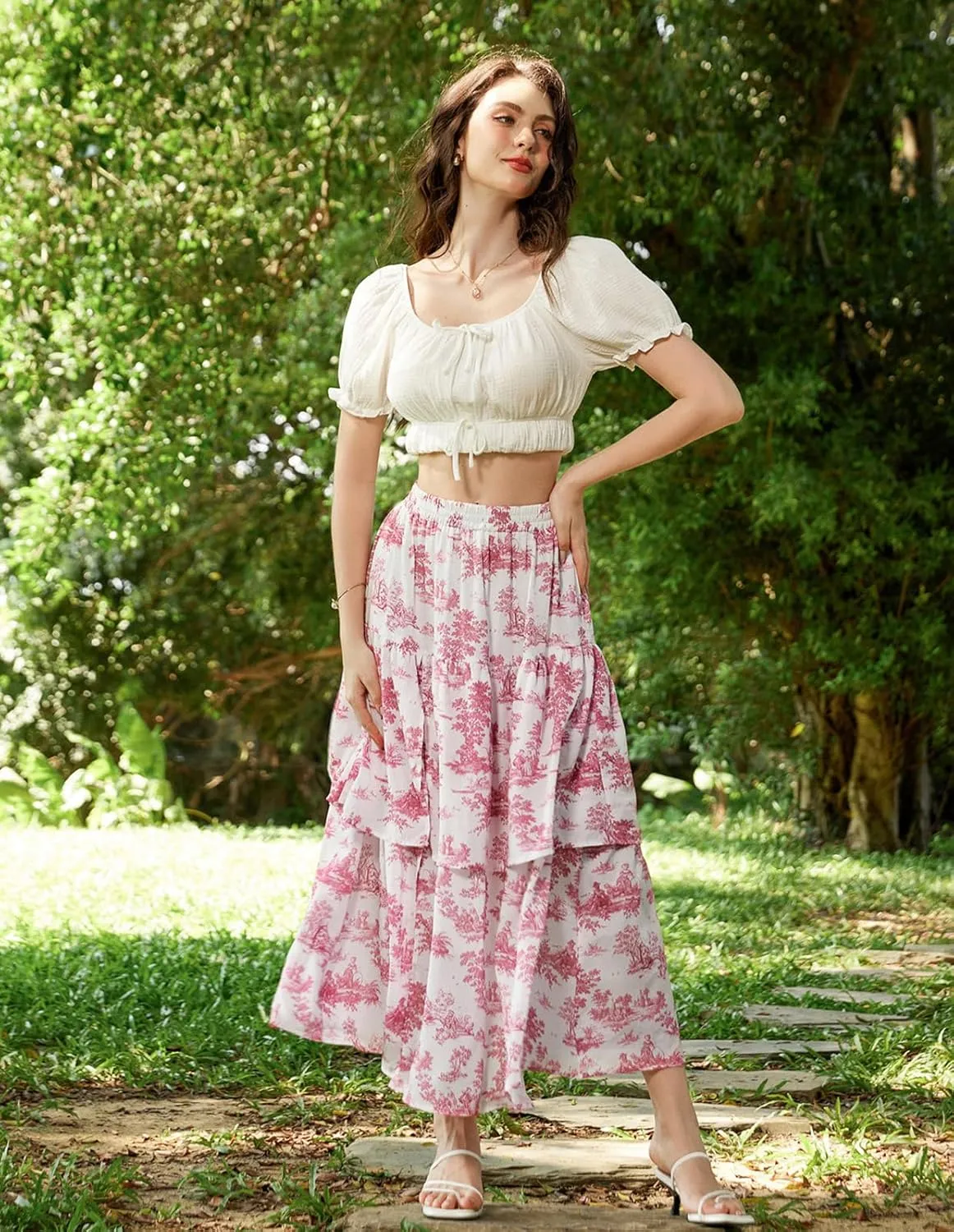Scarlet Darkness Long Skirts for Women Floral Tiered Slit Flowy Skirt with Pockets