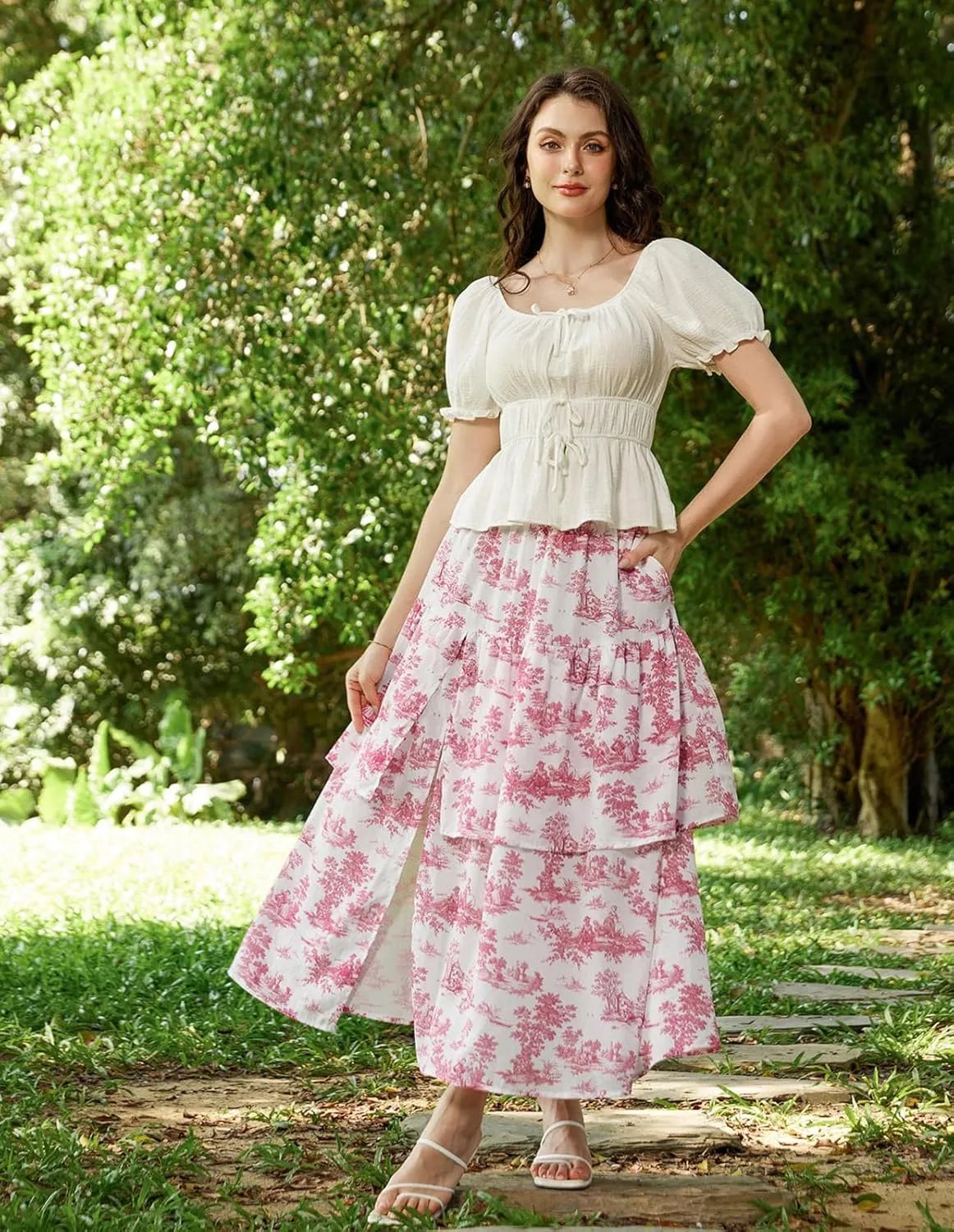 Scarlet Darkness Long Skirts for Women Floral Tiered Slit Flowy Skirt with Pockets