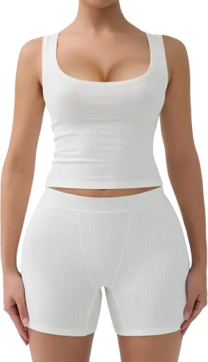 SHAPERX Women's 2 Piece Ribbed Knit Workout Outfits Set Scoop Neck Tank Top and Soft Boxer Lounge Activewear Sets