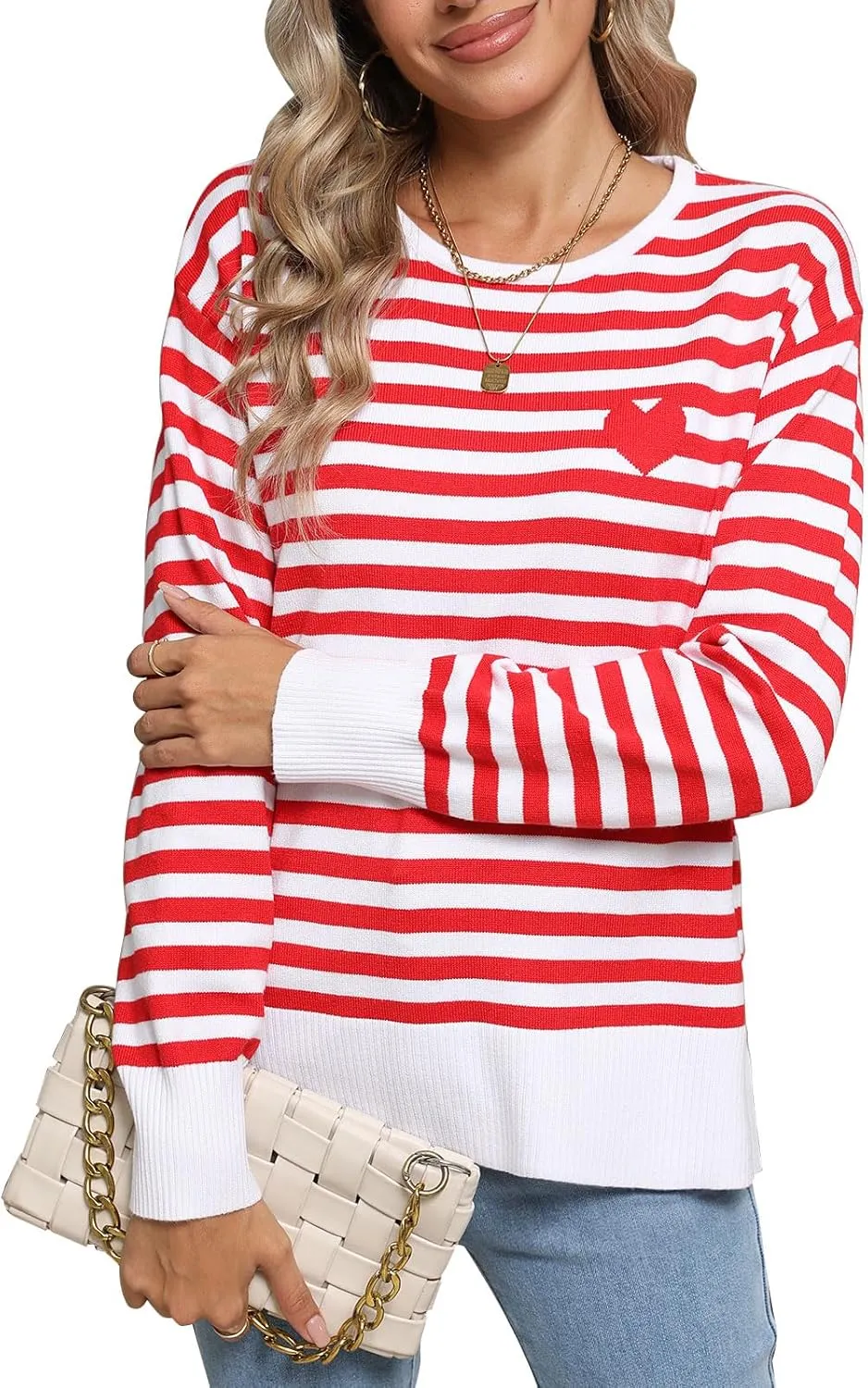 shermie Womens Stripes Sweaters Long Sleeve Crew Neck Casual Cute Heart Knitted Pullover Sweater